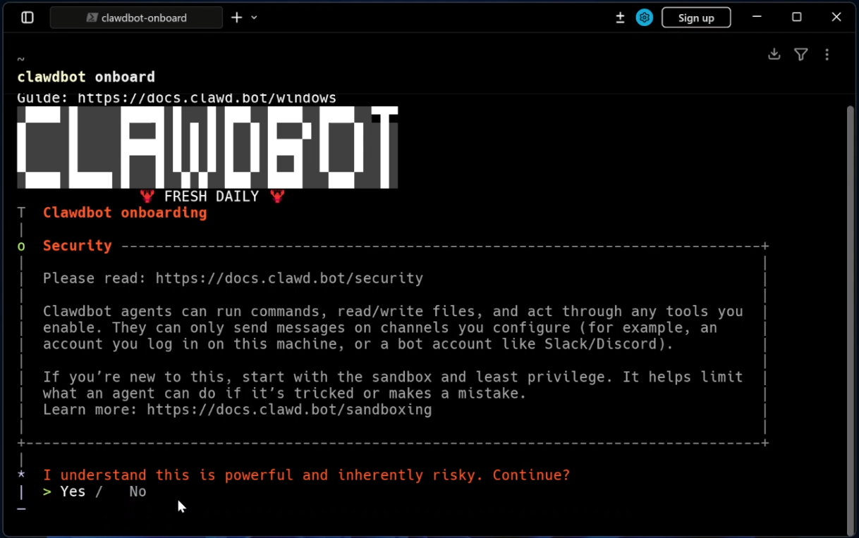 Повторне підтвердження. Погоджуємося з тим, що установка бота вимагає розуміння нюансів безпеки (натискаємо Enter).