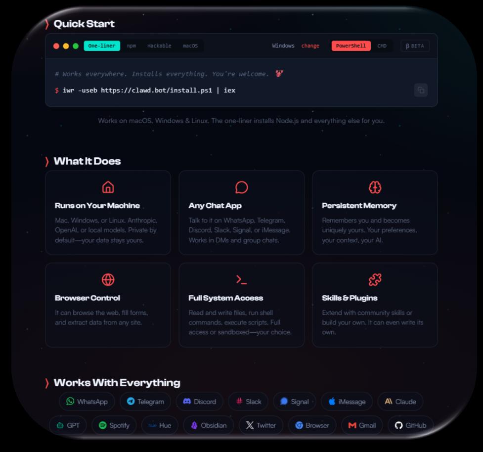 Так виглядає головна сторінка сайту OpenClaw з командою для встановлення.