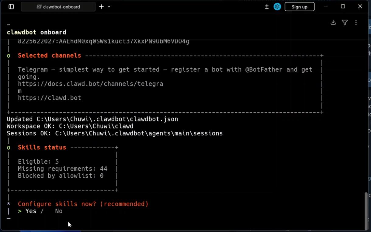 Telegram успішно налаштовано. Запит на налаштування навичок (Configure skills now?). Виберіть 'Yes', натиснувши Enter.