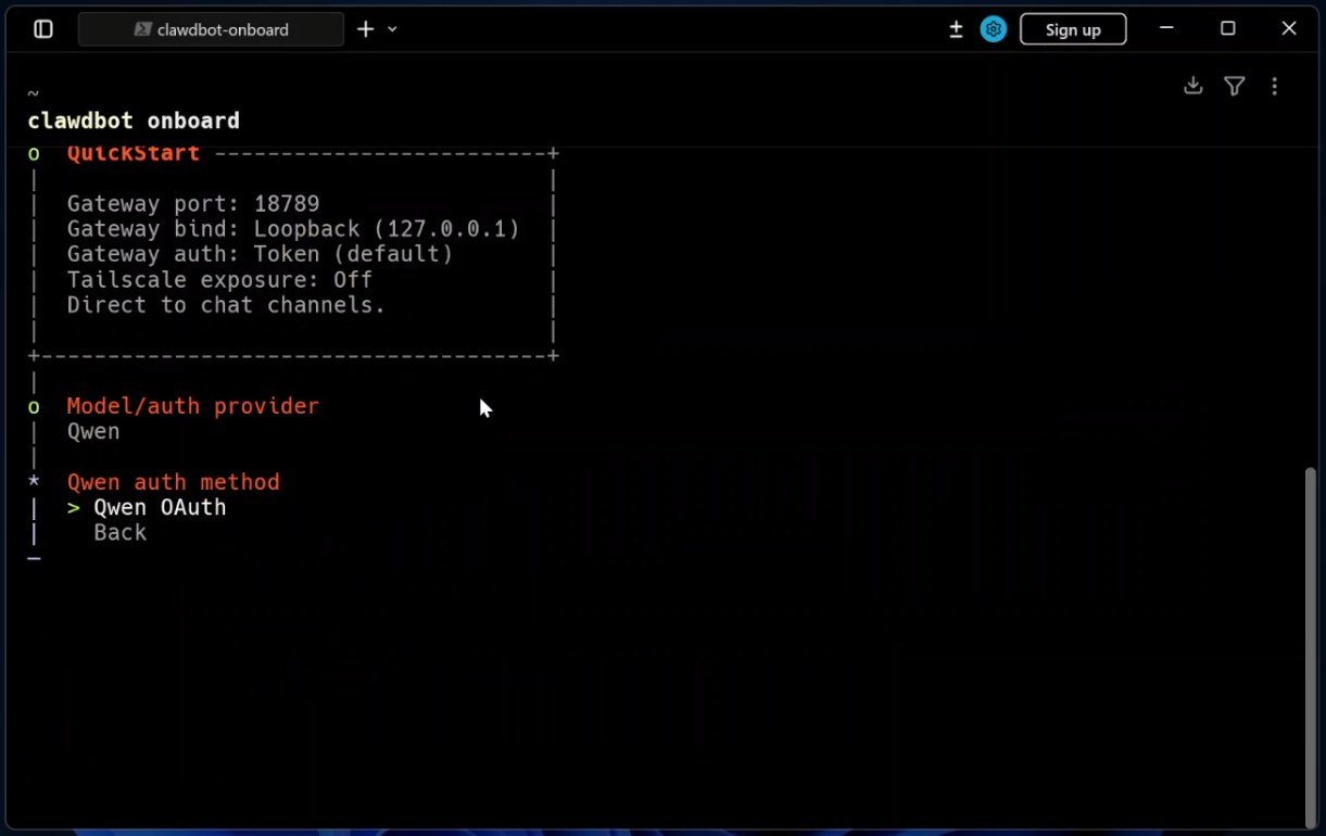 Вибір методу авторизації для Qwen: Qwen OAuth.