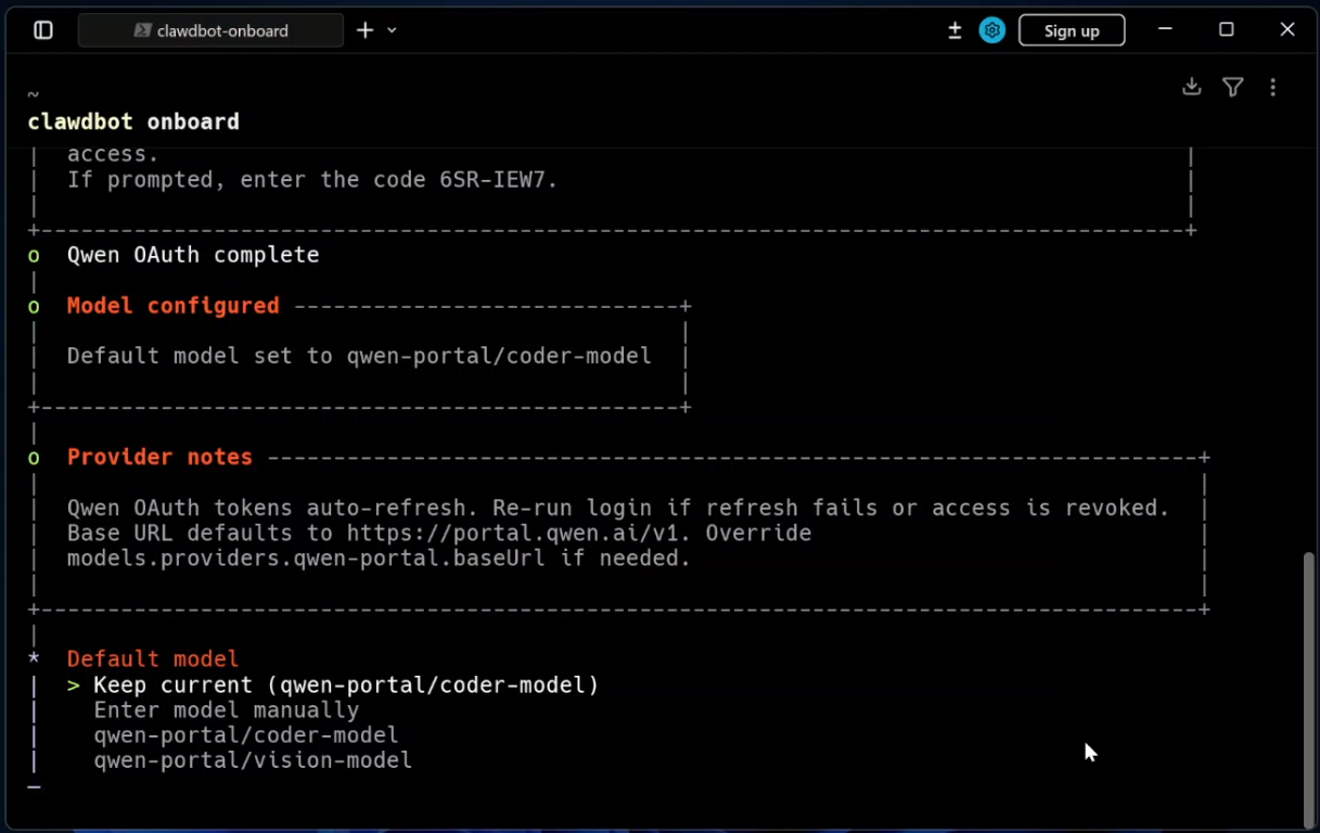Завершення налаштування Qwen. Модель успішно підключена (Model configured).