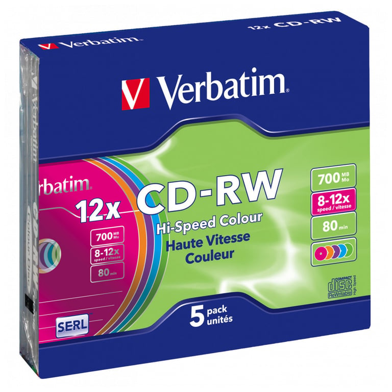 Диск CD Verbatim CD-RW 700Mb 12X SlimBox 5шт Color (43167) - фото 1