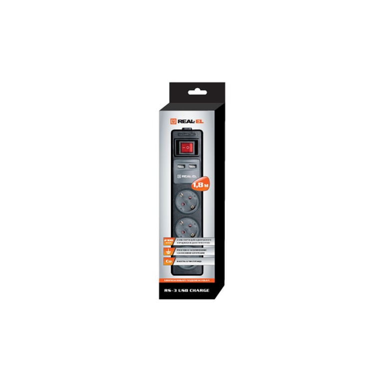 Мережевий подовжувач REAL-EL RS-3 USB CHARGE 1.8m, black (EL122500001) - фото 3