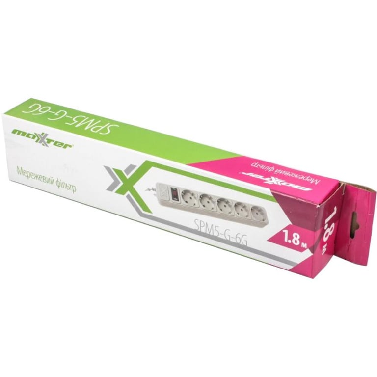 Мережевий фільтр живлення Maxxter SPM5-G-6G серый 1,8 м кабель, 5 розеток (SPM5-G-6G) - фото 2