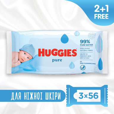 Дитячі вологі серветки Huggies Ultra Comfort Pure 56 х 3 шт (5029053550091) - фото 1