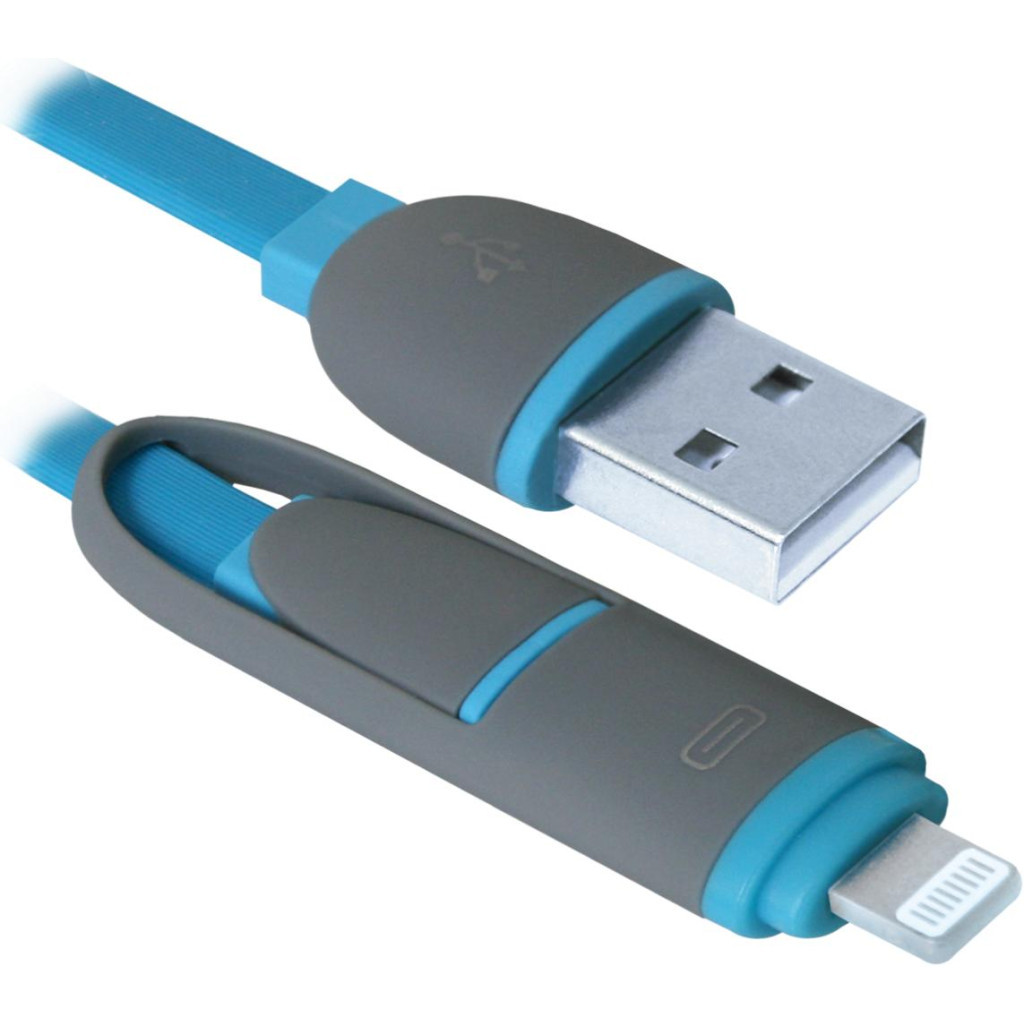 Дата кабель USB 2.0 AM to Lightning + Micro 5P 1.0m blue Defender (87487) - фото 1 Дата кабель USB 2.0 AM to Lightning + Micro 5P 1.0m blue Defender (87487) - фото 1