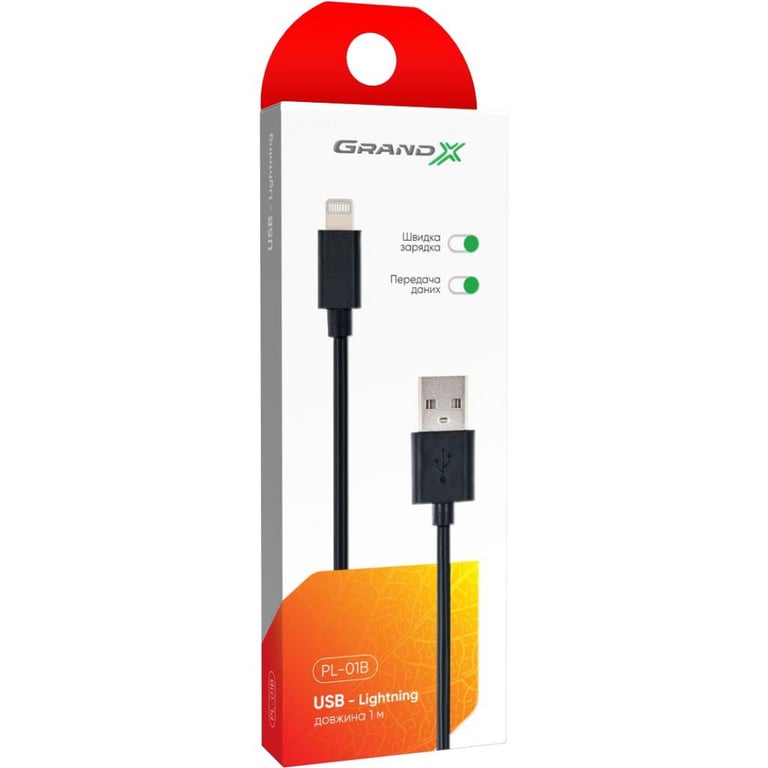 Дата кабель USB 2.0 AM to Lightning 1.0m Cu, 2.1А, Black Grand-X (PL01B) - фото 4