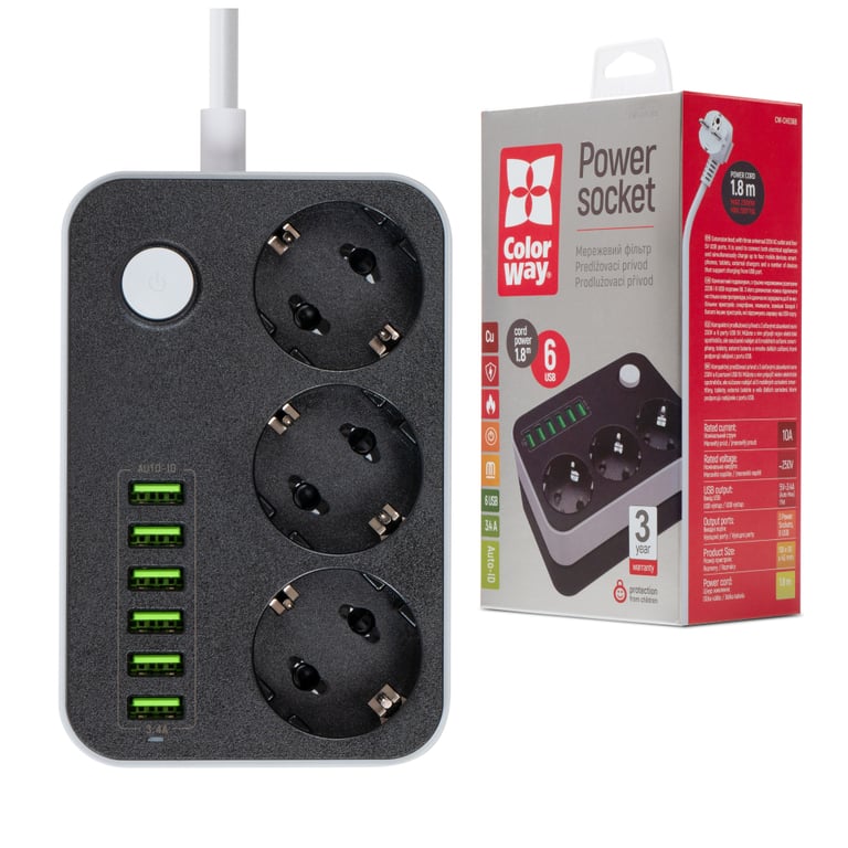 Мережевий фільтр живлення ColorWay CW-CHЕ36B, 3 розетки/6USB Black 1.8M (CW-CHE36B) - фото 2