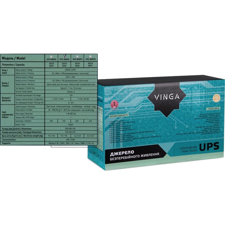 Пристрій безперебійного живлення Vinga LCD 600VA plastic case with USB (VPC-600PU) - фото 4