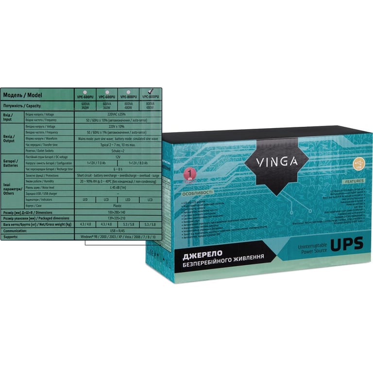 Пристрій безперебійного живлення Vinga LCD 800VA plastic case with USB (VPC-800PU) - фото 4