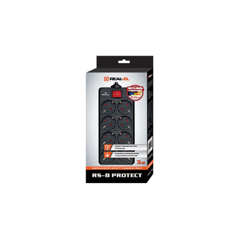 Мережевий фільтр живлення REAL-EL REAL-EL RS-8 PROTECT, 1.8m, black (EL122300021) - фото 2