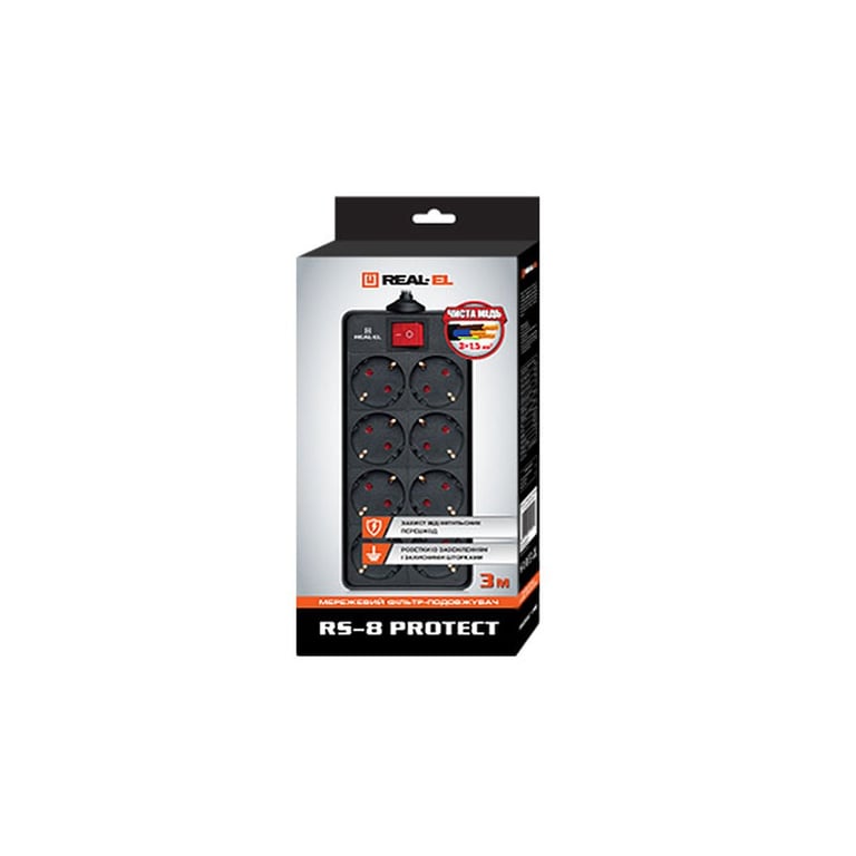Мережевий фільтр живлення REAL-EL REAL-EL RS-8 PROTECT, 3m, black (EL122300022) - фото 2