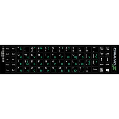 Наклейка на клавіатуру Grand-X 68 keys Cyrillic green, Latin white (GXDPGW) - фото 1