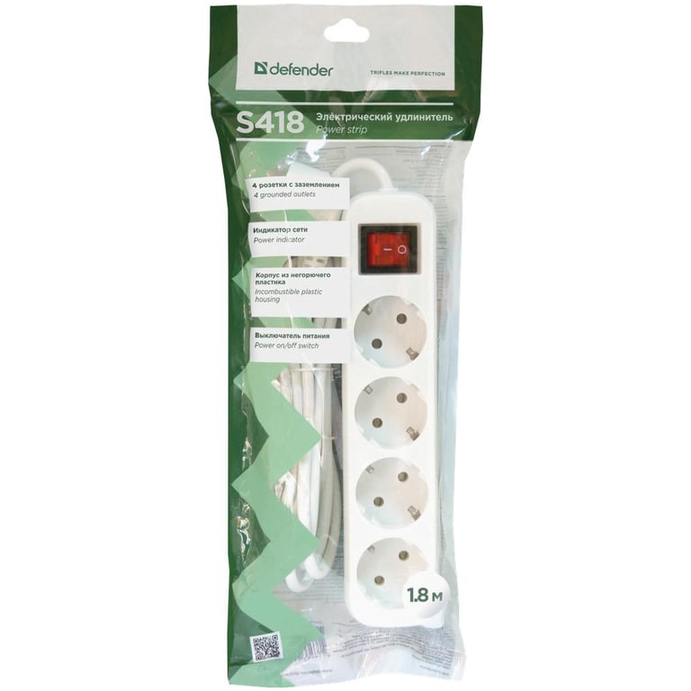 Мережевий подовжувач Defender S418 1.8 m 4 роз switch white (99237) - фото 4