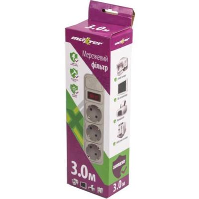 Мережевий фільтр живлення Maxxter SPM3-G-10G серый 3 м кабель, 3 розетки (SPM3-G-10G) - фото 2