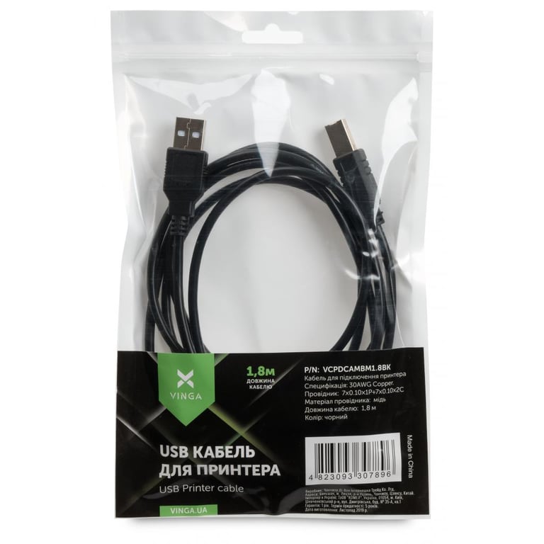 Кабель для принтера USB 2.0 AM/BM 1.8 m Vinga (VCPDCAMBM1.8BK) - фото 4
