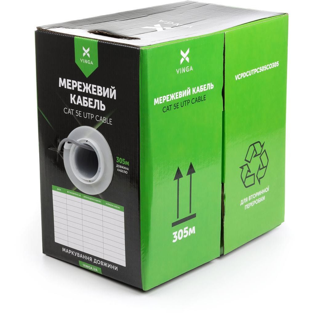 Кабель мережевий Vinga UTP 305м cat.5e Copper 4 pairs 0.5мм мідь (VCPDCUTPC505CO305) - фото 1 Кабель мережевий Vinga UTP 305м cat.5e Copper 4 pairs 0.5мм мідь (VCPDCUTPC505CO305) - фото 1