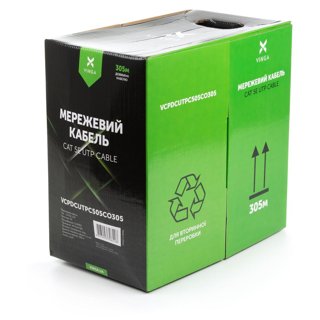 Кабель мережевий Vinga UTP 305м cat.5e Copper 4 pairs 0.5мм мідь (VCPDCUTPC505CO305) - фото 2 Кабель мережевий Vinga UTP 305м cat.5e Copper 4 pairs 0.5мм мідь (VCPDCUTPC505CO305) - фото 2