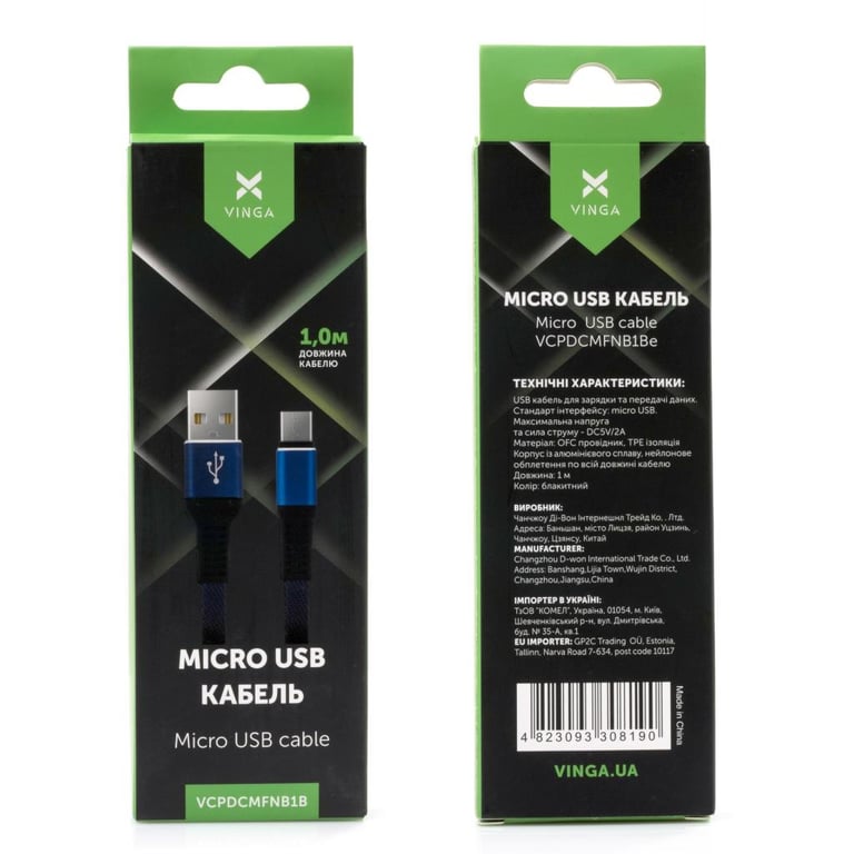 Дата кабель USB 2.0 AM to Micro 5P 1m flat nylon blue Vinga (VCPDCMFNB1B) - фото 4
