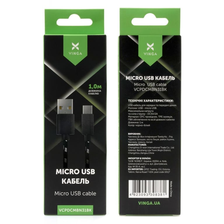 Дата кабель USB 2.0 AM to Micro 5P 2color nylon 1m black Vinga (VCPDCMBN31BK) - фото 4