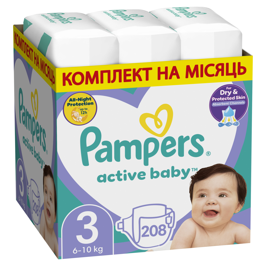 Підгузки Pampers Active Baby Midi Розмір 3 (6-10 кг) 208 шт (8001090910745) - фото 1 Підгузки Pampers Active Baby Midi Розмір 3 (6-10 кг) 208 шт (8001090910745) - фото 1