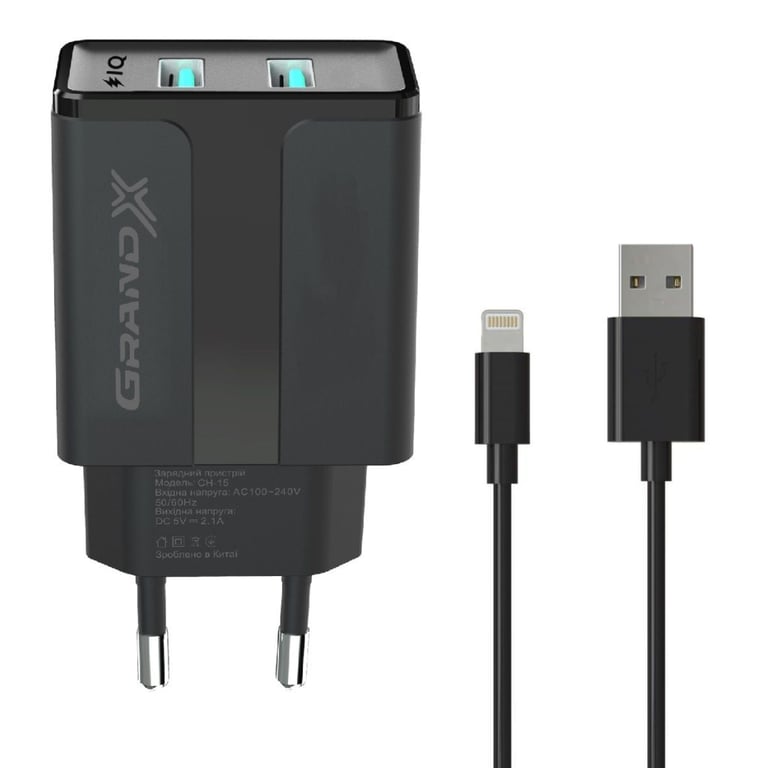 Зарядний пристрій Grand-X 5V 2,1A Black + cable USB-Lightning (CH15LTB) - фото 1