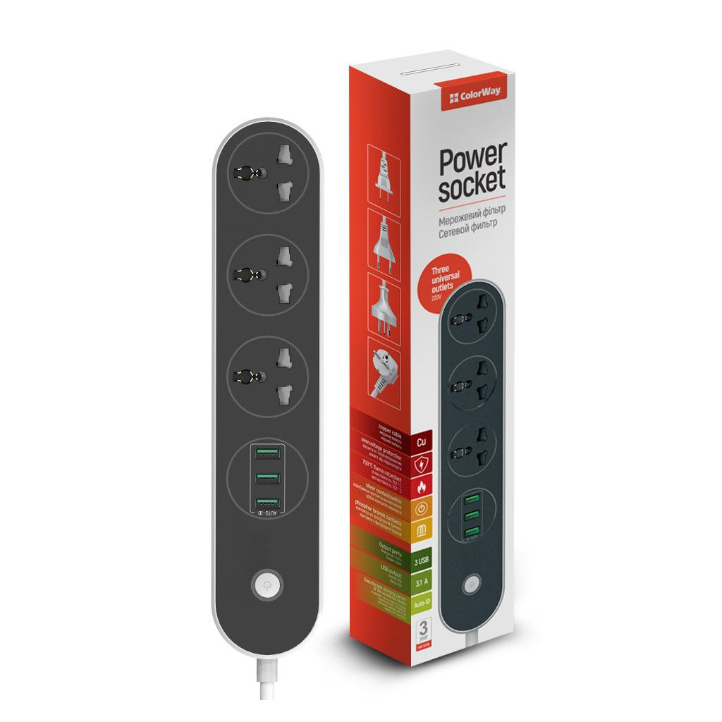 Мережевий фільтр живлення ColorWay CW-CHU33B, 3 розетки/3USB Black 1.8M (CW-CHU33B) - фото 1