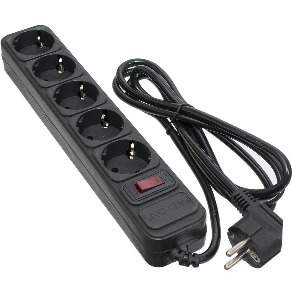 Мережевий фільтр живлення Patron 1.8 m3*1mm2 (SP-1052) 5 розеток BLACK (EXT-PN-SP-1052) - фото 1