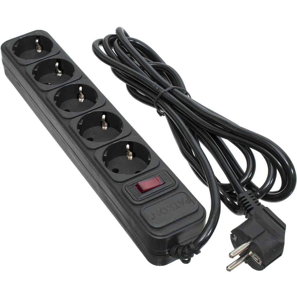 Мережевий фільтр живлення Patron 3.0 m3*1mm2 (SP-1053) 5 розеток BLACK (EXT-PN-SP-1053) - фото 1