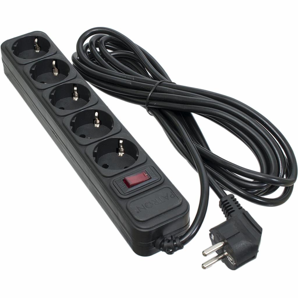 Мережевий фільтр живлення Patron 5.0 m3*1mm2 (SP-1055) 5 розеток BLACK (EXT-PN-SP-1055) - фото 1