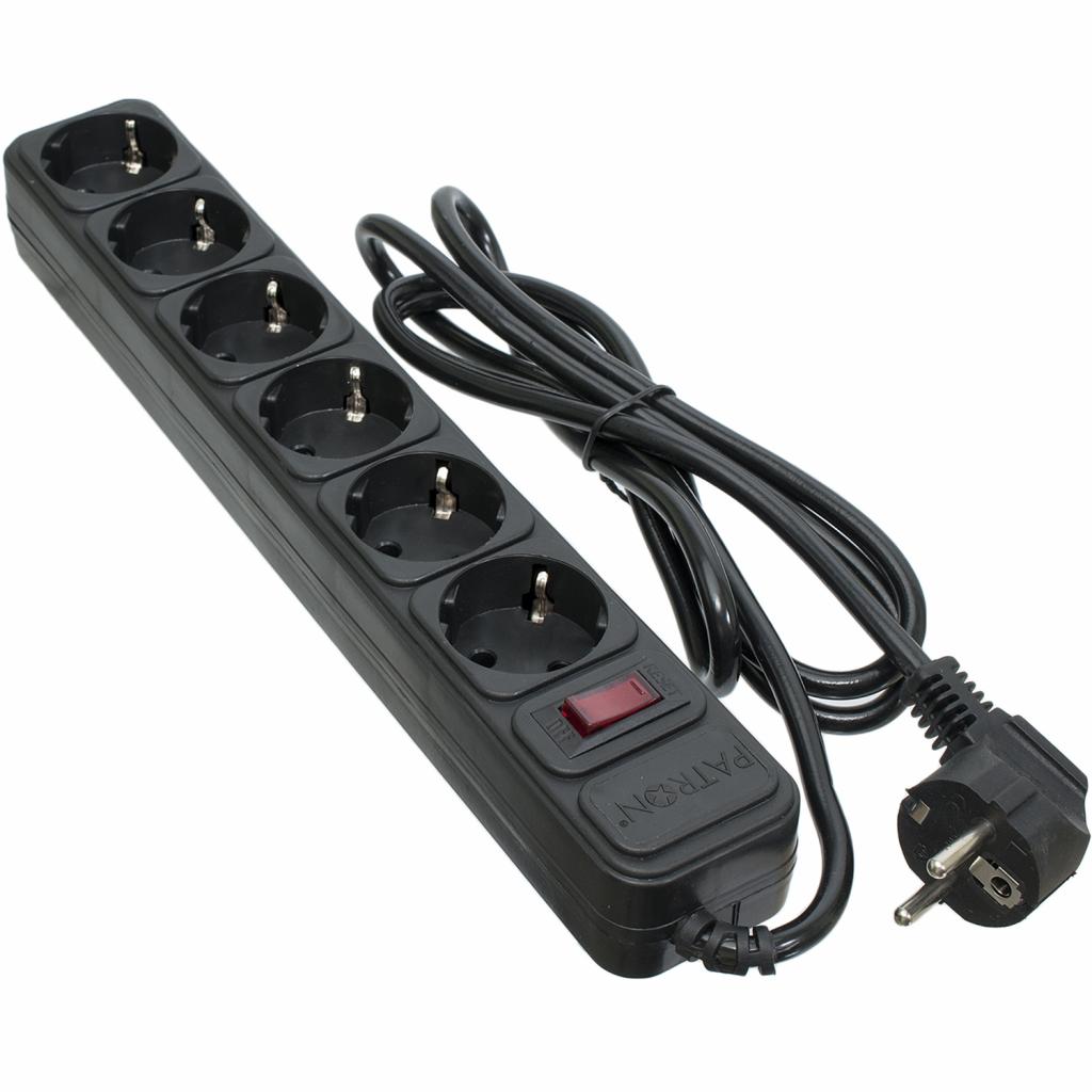 Мережевий фільтр живлення Patron 1.8 m3*1mm2 (SP-1062) 6 розеток BLACK (EXT-PN-SP-1062) - фото 1