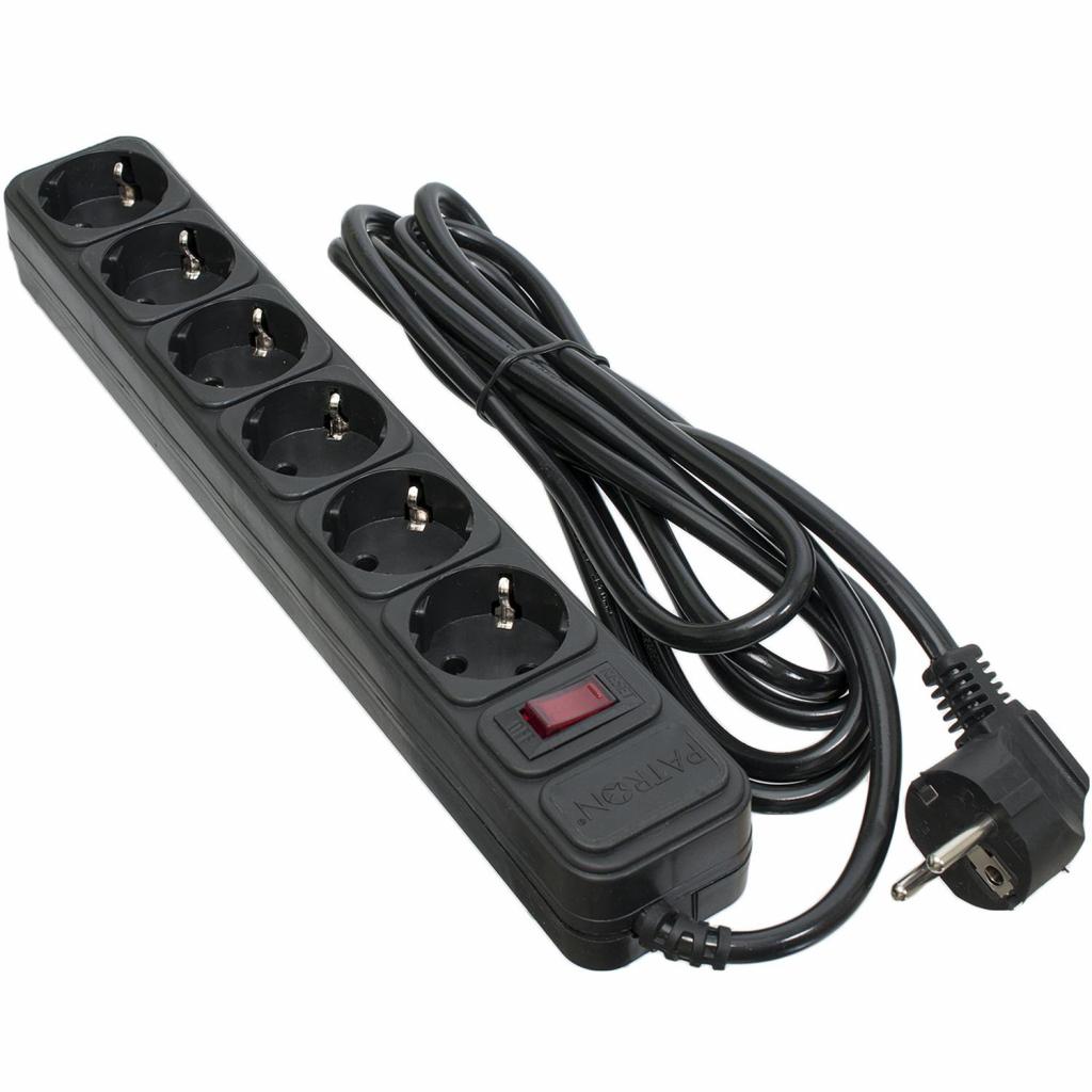 Мережевий фільтр живлення Patron 3.0 m3*1mm2 (SP-1063) 6 розеток BLACK (EXT-PN-SP-1063) - фото 1