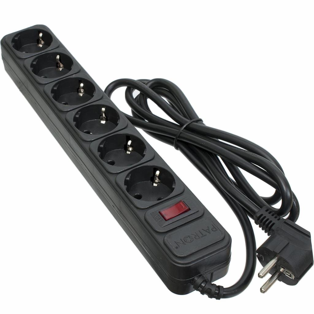 Мережевий фільтр живлення Patron 1.8 m3*1.5mm2 (SP-1662) 6 розеток BLACK (EXT-PN-SP-1662) - фото 1