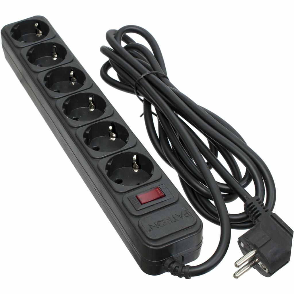 Мережевий фільтр живлення Patron 3.0 m3*1.5mm2 (SP-1663) 6 розеток BLACK (EXT-PN-SP-1663) - фото 1