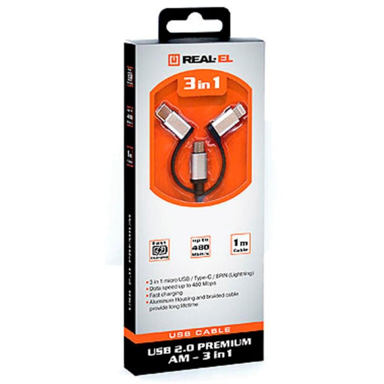 Дата кабель USB 2.0 AM to 3in1 1.0m Premium black REAL-EL (EL123500035) - фото 3