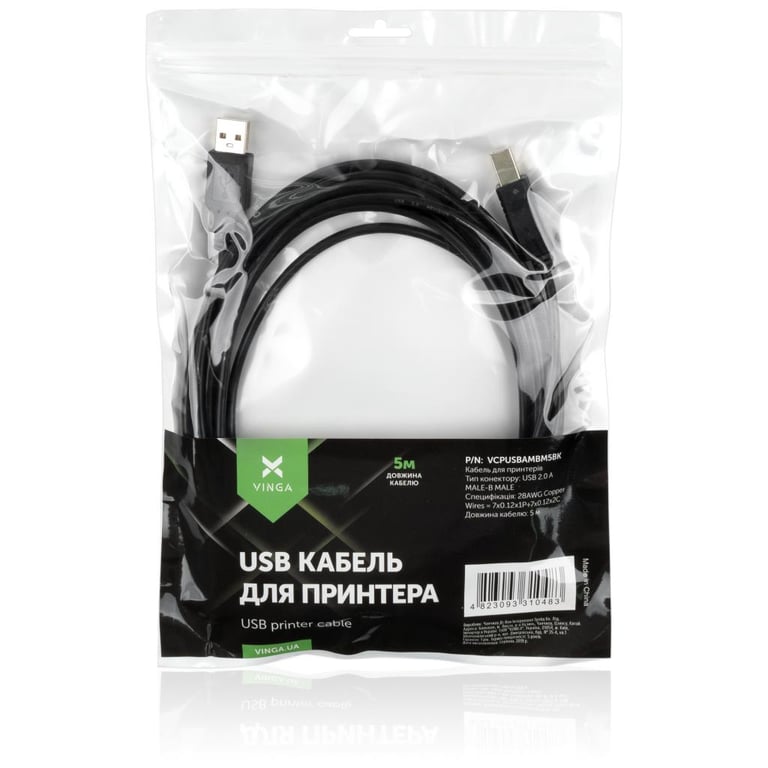 Кабель для принтера USB 2.0 AM/BM 5.0 m Vinga (VCPUSBAMBM5BK) - фото 4