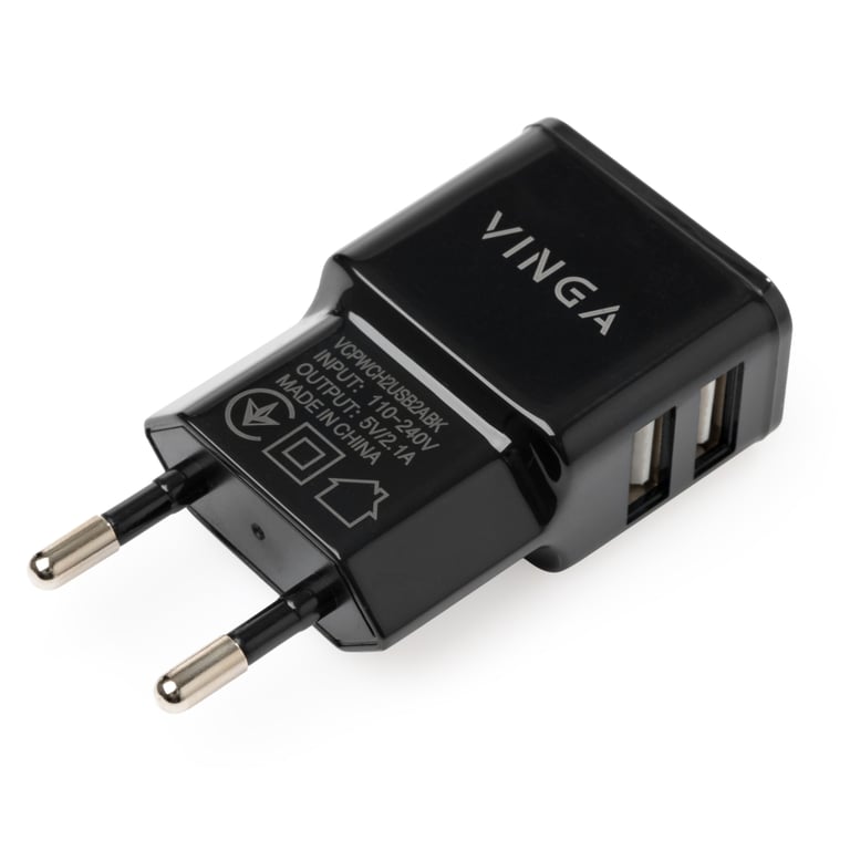 Зарядний пристрій Vinga 2 Port USB Wall Charger 2.1A (VCPWCH2USB2ABK) - фото 1