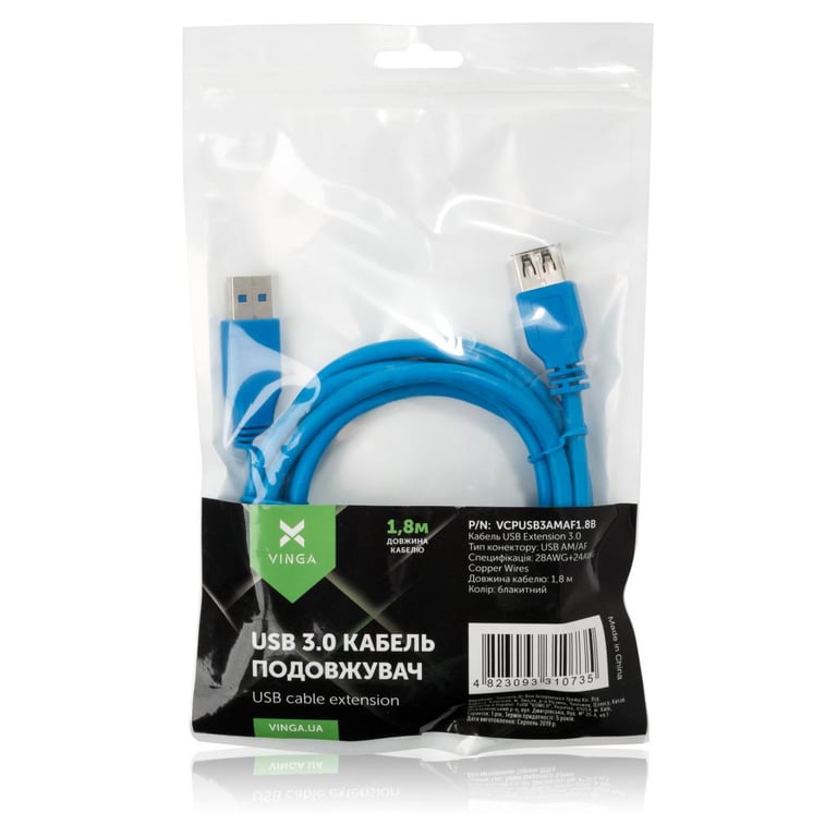 Дата кабель USB 3.0 AM/AF 1.8m Vinga (VCPUSB3AMAF1.8B) - фото 3