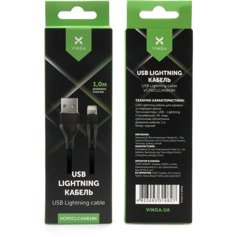 Дата кабель USB 2.0 AM to Lightning 1.0m cylindric nylon back Vinga (VCPDCLCANB1BK) - фото 4