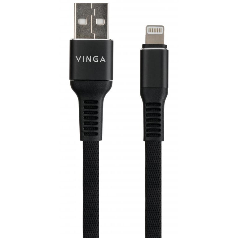 Дата кабель USB 2.0 AM to Lightning 1.0m flat nylon black Vinga (VCPDCLFNB1BK) - фото 2