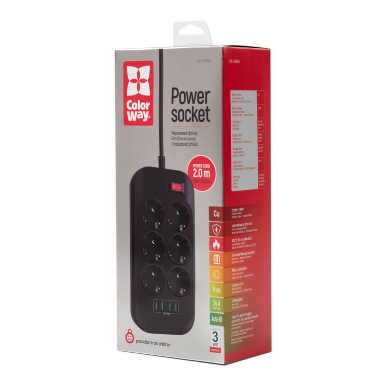 Мережевий фільтр живлення ColorWay CW-CHE64B, 6 розеток/4USB Black (CW-CHE64B) - фото 8