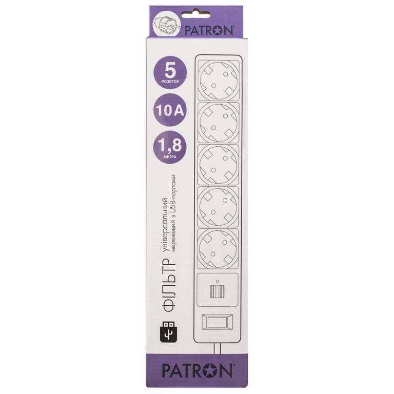 Мережевий фільтр живлення Patron 1.8m + 2 USB 2.0, 2.1A, 5 роз. White (EXT-PN-SP-52-USB-W) - фото 2