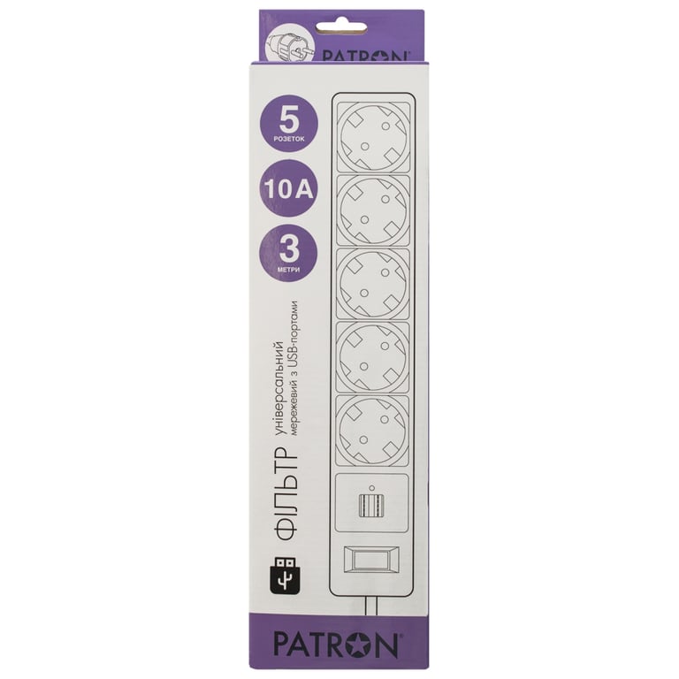 Мережевий фільтр живлення Patron 3m + 2 USB 2.0, 2.1A, 5 роз. White (EXT-PN-SP-53-USB-W) - фото 2