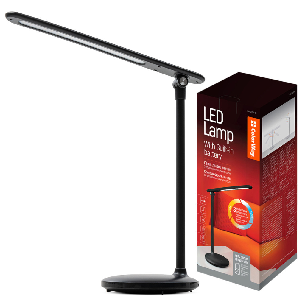Настільна лампа ColorWay 4W with built-in battery 1800 mAh USB in/out 5V*1A, black (CW-DL02B-B) - фото 1