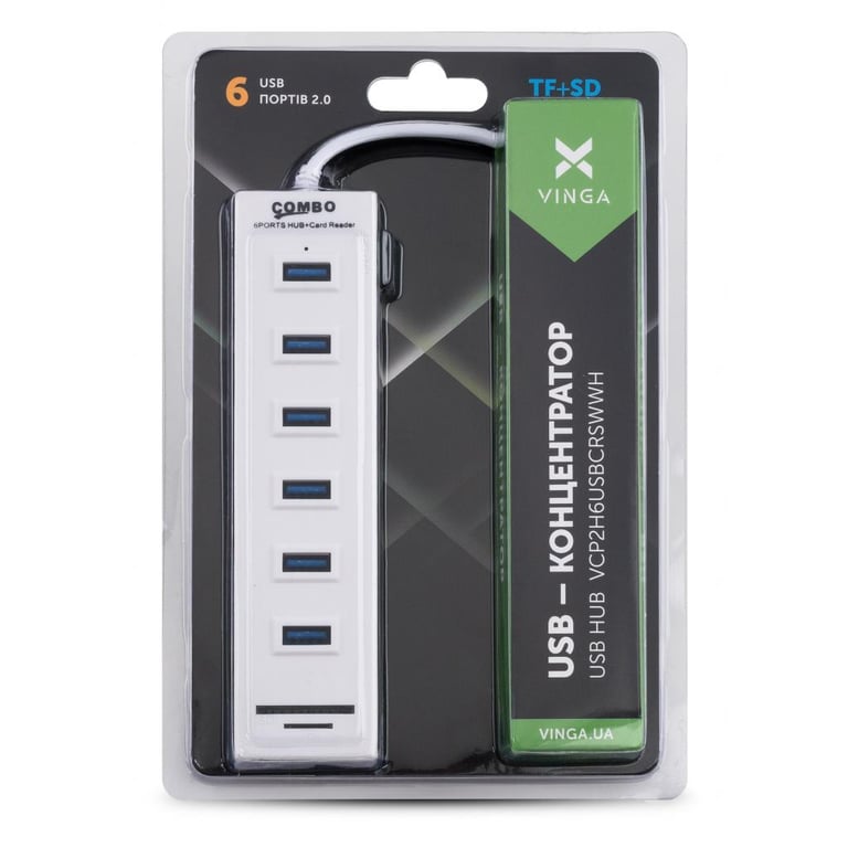 Концентратор Vinga 6xUSB2.0 + card-reader with switch 0.8m (VCP2H6USBCRSWWH) - фото 3