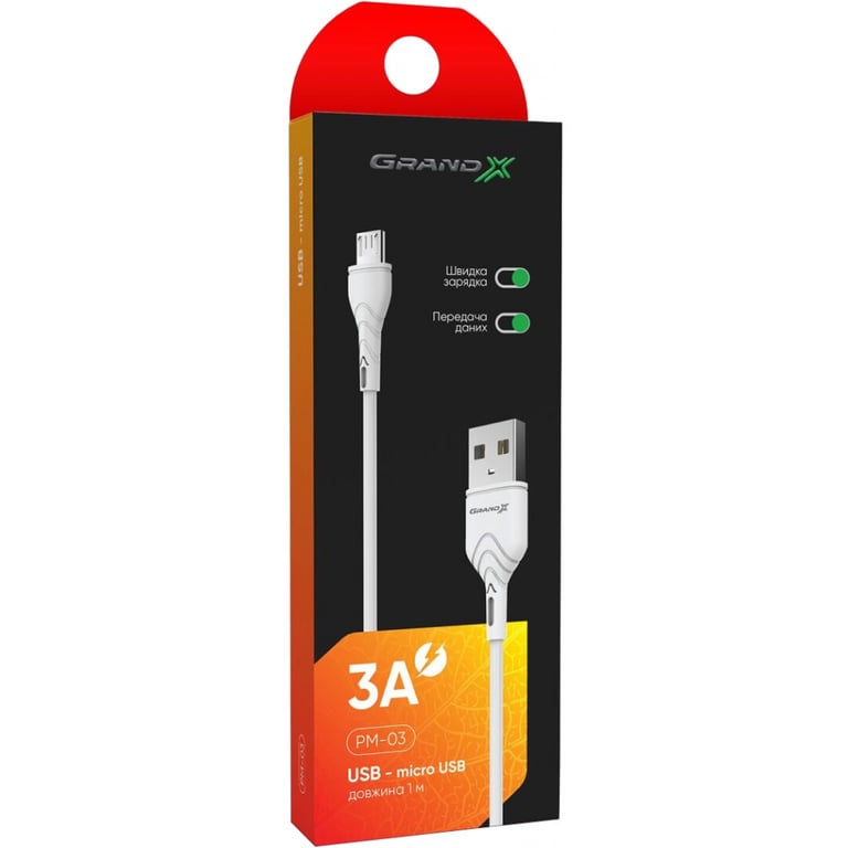 Дата кабель USB 2.0 AM to Micro 5P 1.0m Grand-X (PM-03W) - фото 2