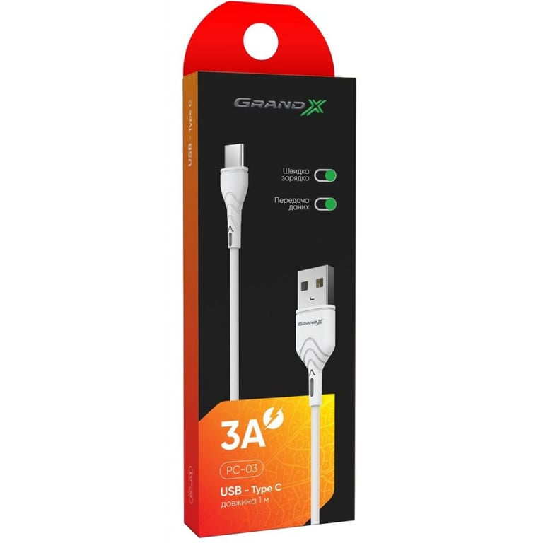 Дата кабель USB 2.0 AM to Type-C 1.0m White Grand-X (PC-03W) - фото 3