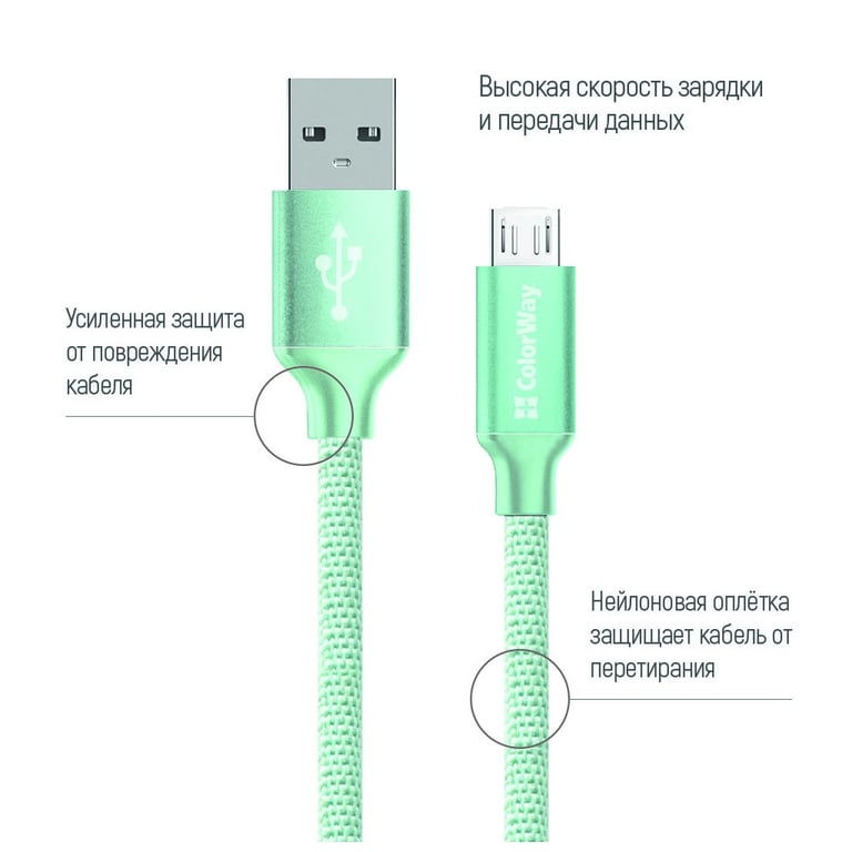 Дата кабель USB 2.0 AM to Micro 5P 1.0m mint ColorWay (CW-CBUM002-MT) - фото 2