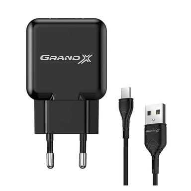 Зарядний пристрій Grand-X CH-03T USB 5V 2,1A Black + cable USB -> Type C, Cu, 4A, TPE (CH-03T) - фото 1