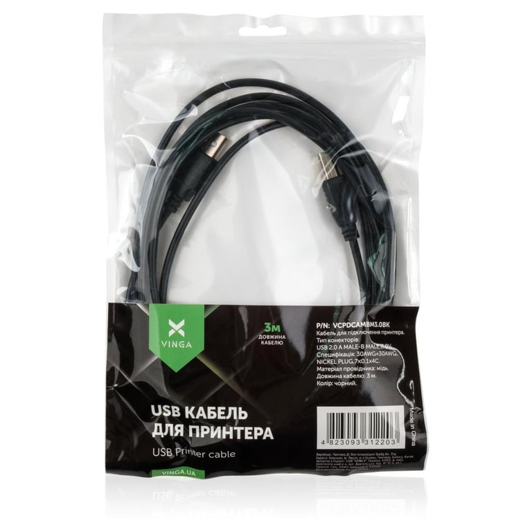 Кабель для принтера USB 2.0 AM/BM 3.0 m Vinga (VCPDCAMBM3.0BK) - фото 4